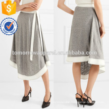 Asymmetric Hem Grey And White Linen And Ramie Midi Summer Skirt With Belt Manufacture Wholesale Fashion Women Apparel (TA0054S)